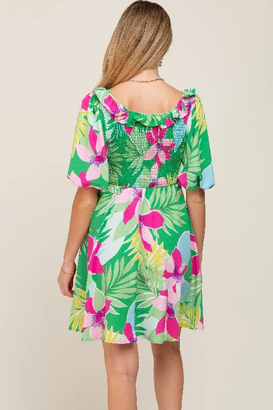 green-floral-smocked-puff-sleeve-maternity-dress-2