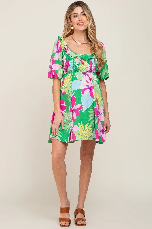 green-floral-smocked-puff-sleeve-maternity-dress-2