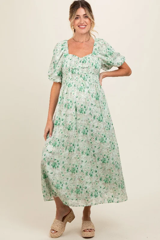 Green Floral Smocked Sweetheart Neck Short Puff Sleeve Maternity Midi Dress