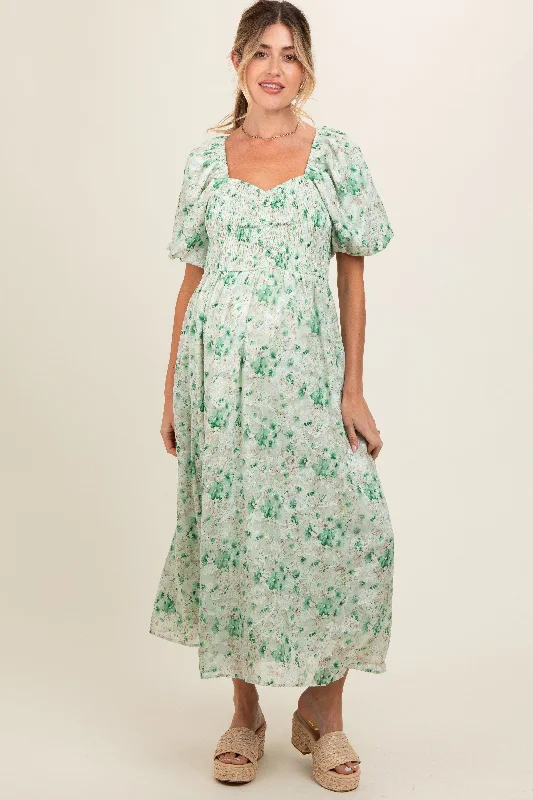 green-floral-smocked-sweetheart-neck-short-puff-sleeve-maternity-midi-dress