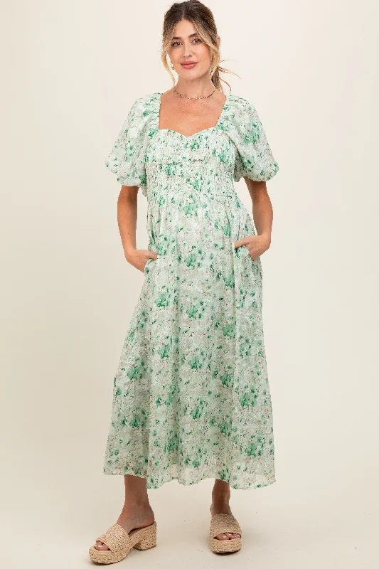 green-floral-smocked-sweetheart-neck-short-puff-sleeve-maternity-midi-dress