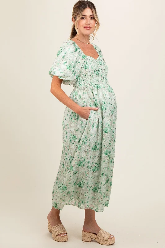 green-floral-smocked-sweetheart-neck-short-puff-sleeve-maternity-midi-dress