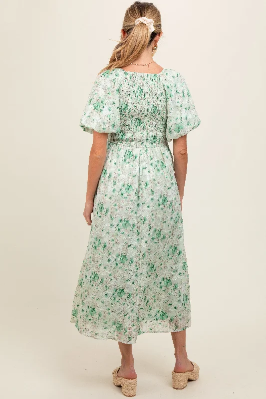 green-floral-smocked-sweetheart-neck-short-puff-sleeve-maternity-midi-dress