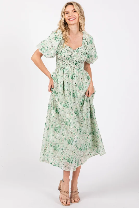 green-floral-smocked-sweetheart-neck-short-puff-sleeve-maternity-midi-dress