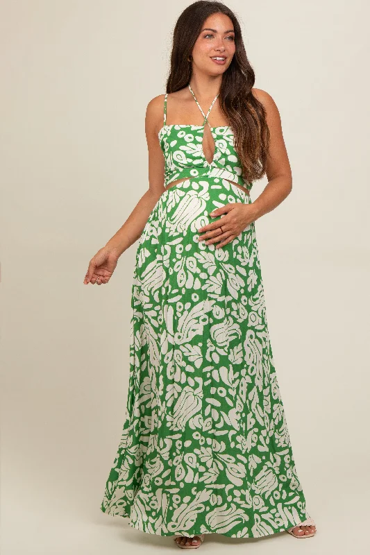 Green Printed Halter Cut-Out Maternity Maxi Dress