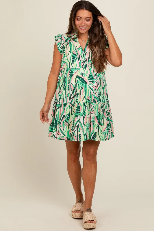 green-printed-ruffle-sleeve-maternity-dress