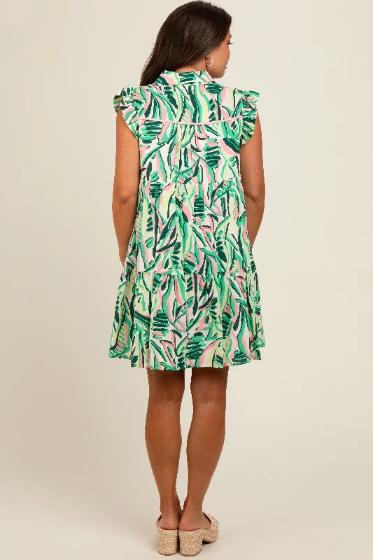 green-printed-ruffle-sleeve-maternity-dress