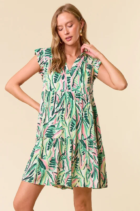 green-printed-ruffle-sleeve-maternity-dress