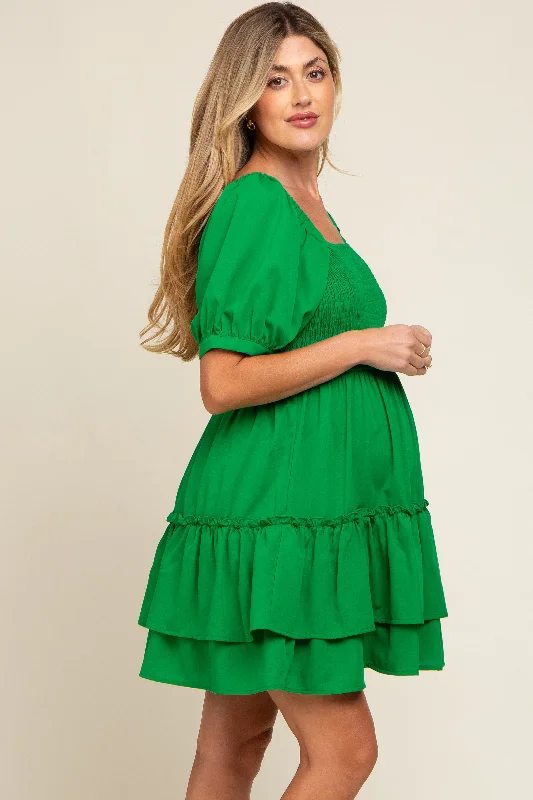 green-puff-sleeve-ruffle-accent-maternity-dress