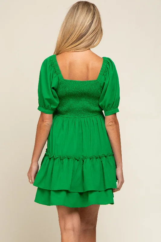 green-puff-sleeve-ruffle-accent-maternity-dress