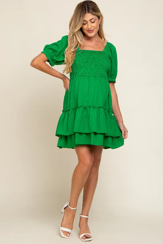 green-puff-sleeve-ruffle-accent-maternity-dress