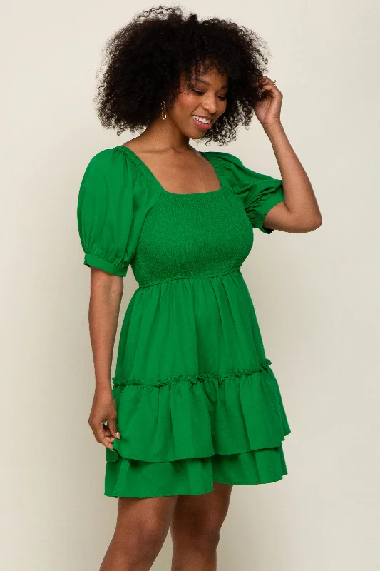 green-puff-sleeve-ruffle-accent-maternity-dress