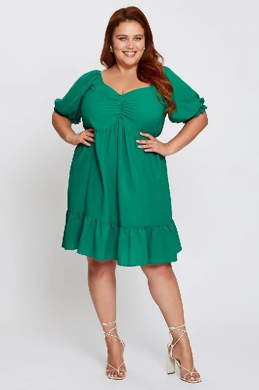 green-short-puff-sleeve-gather-frill-hem-dress-ced31420-34ab