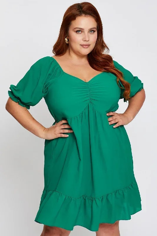 green-short-puff-sleeve-gather-frill-hem-dress-ced31420-34ab