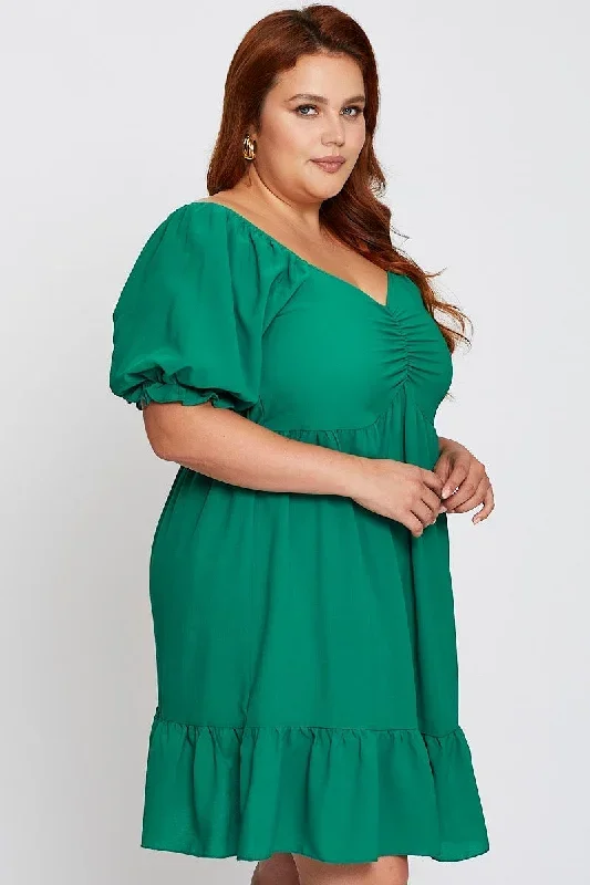 green-short-puff-sleeve-gather-frill-hem-dress-ced31420-34ab