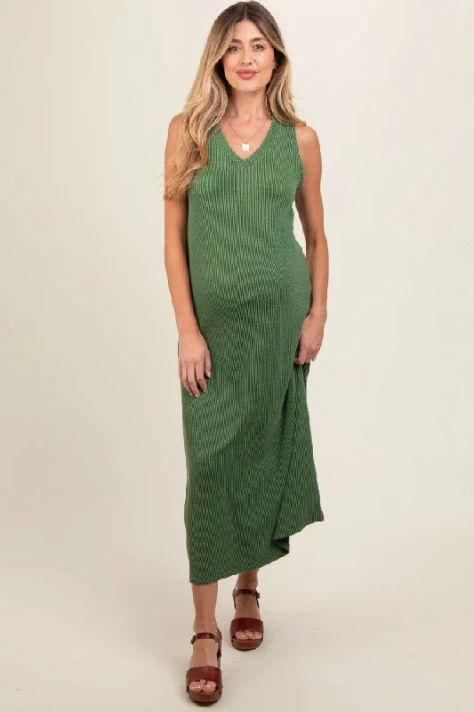 green-sleeveless-ribbed-maternity-maxi-dress