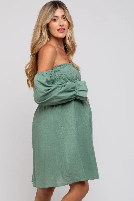 green-smocked-off-shoulder-long-sleeve-maternity-dress