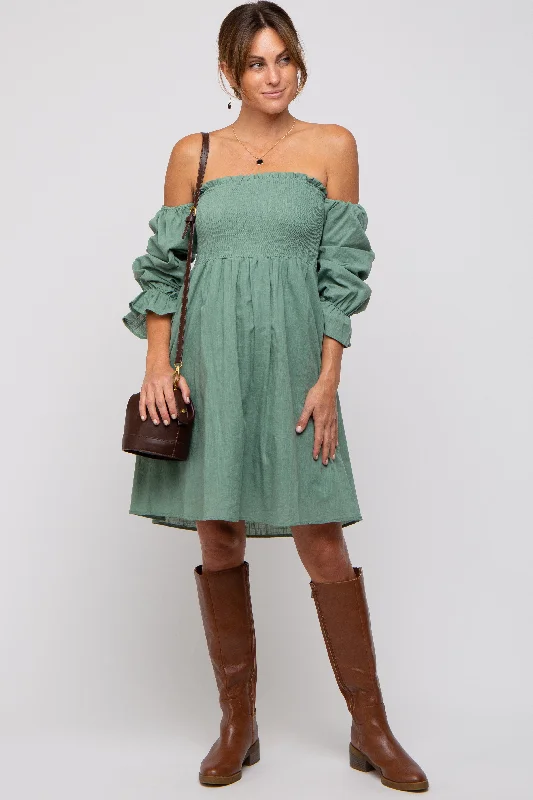 green-smocked-off-shoulder-long-sleeve-maternity-dress