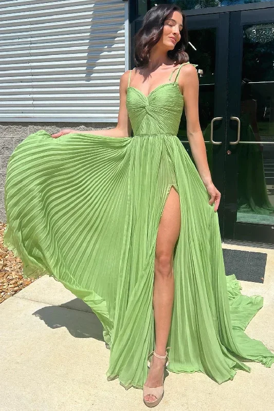 green-twist-front-pleated-prom-dress-with-slit