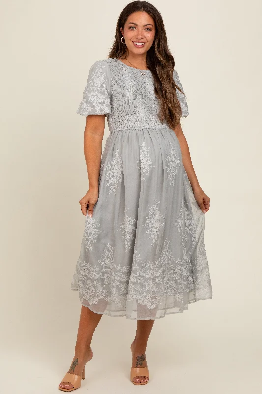 grey-floral-lace-smocked-maternity-midi-dress