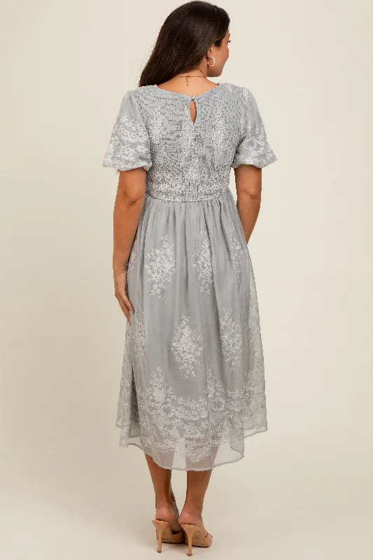 grey-floral-lace-smocked-maternity-midi-dress