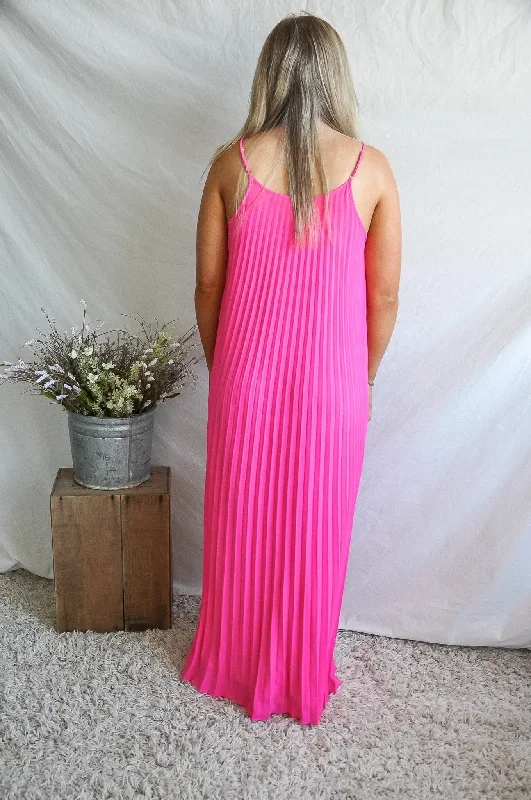 hot-pink-pleated-v-neck-maxi-dress