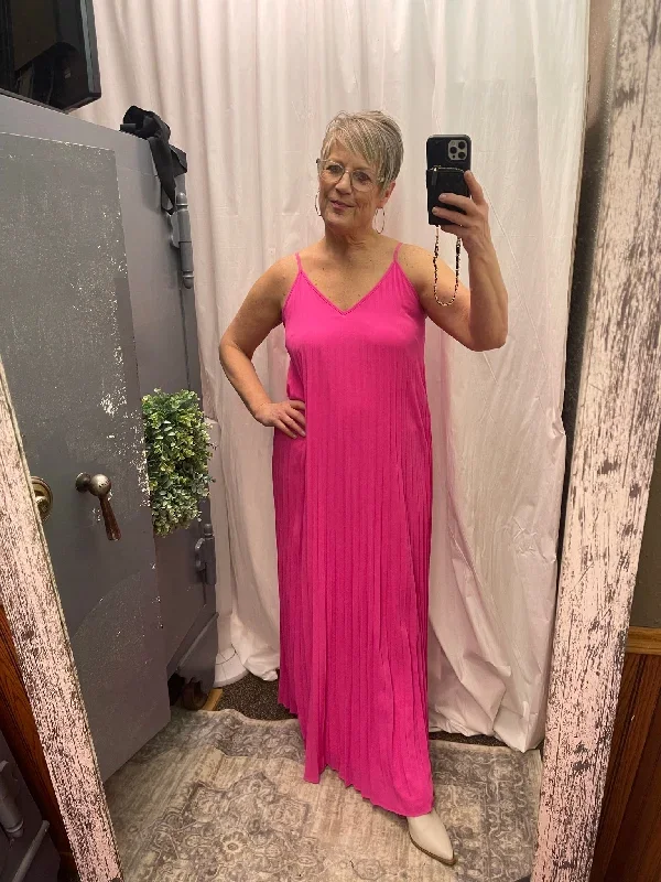 hot-pink-pleated-v-neck-maxi-dress