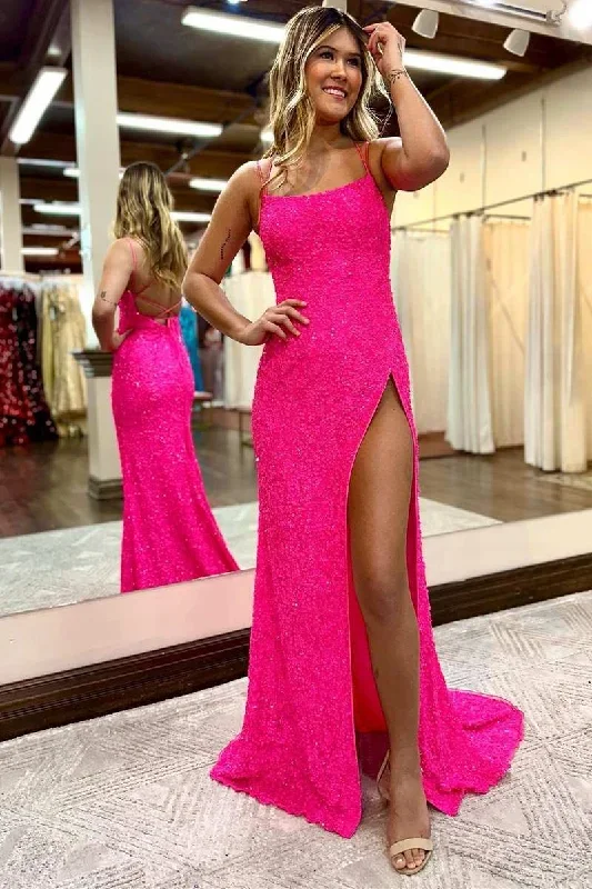 Hot Pink Sequin Scoop Neck Lace-Up Long Prom Dress with Slit