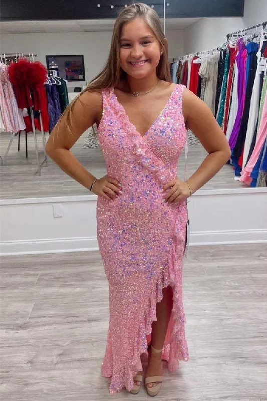 Iridescent Pink Ruffled V-Neck Sequin Long Party Dress