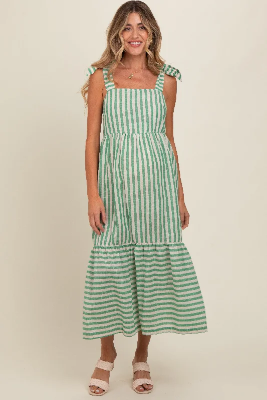 Jade Striped Shoulder Tie Maternity Midi Dress