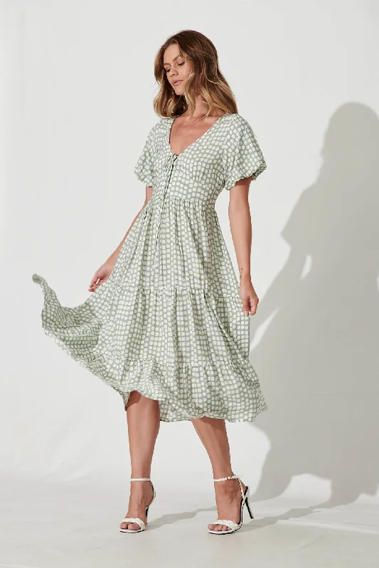 Julia Midi Dress In Green With White Polka Dot