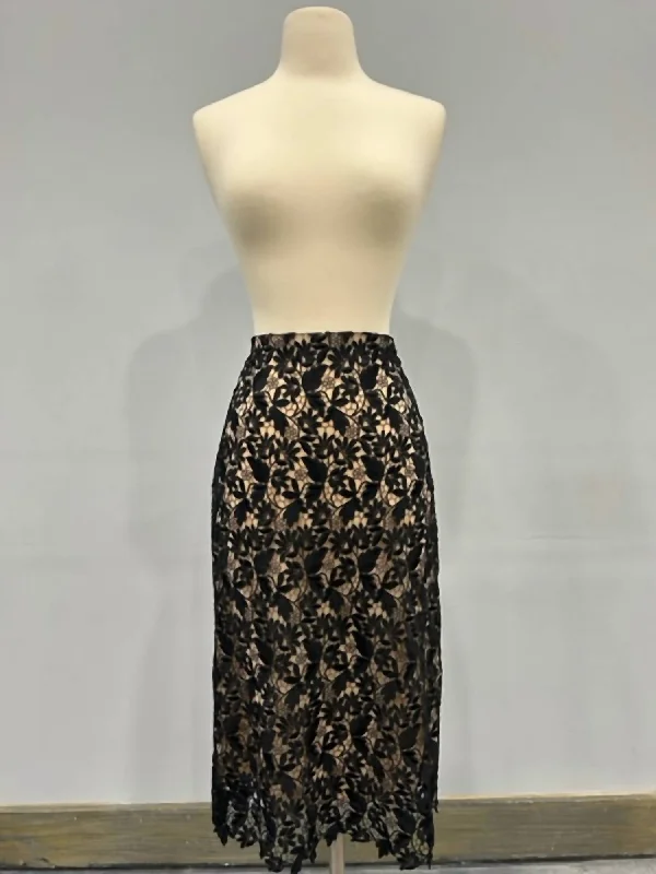 Lace Midi Skirt In Black/nude