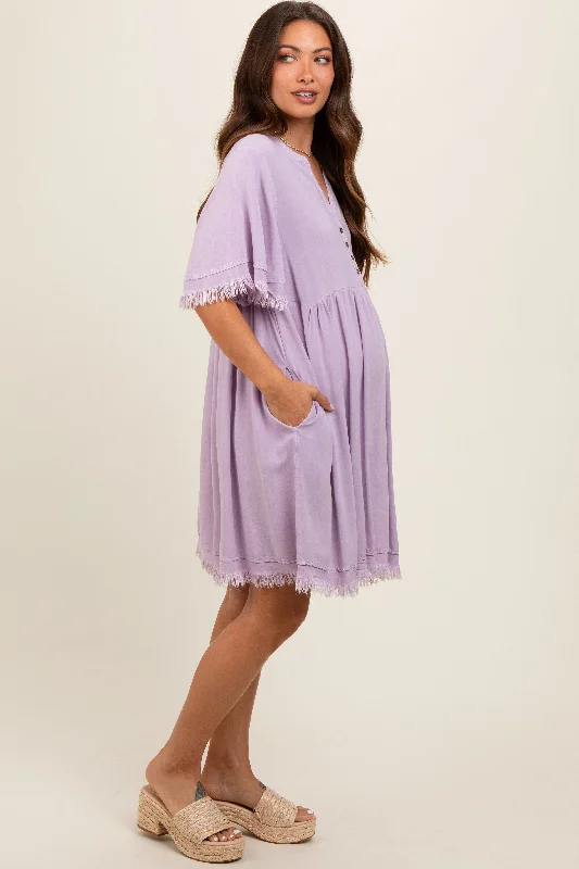 lavender-button-front-frayed-maternity-dress