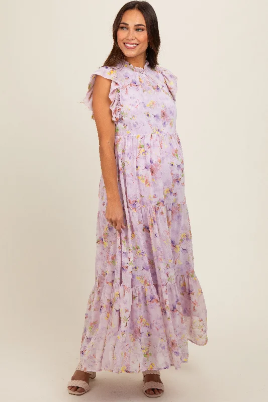 lavender-floral-chiffon-ruffle-shoulder-tiered-maternity-maxi-dress