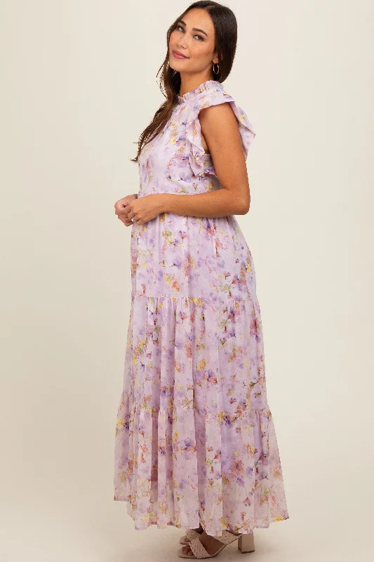 lavender-floral-chiffon-ruffle-shoulder-tiered-maternity-maxi-dress