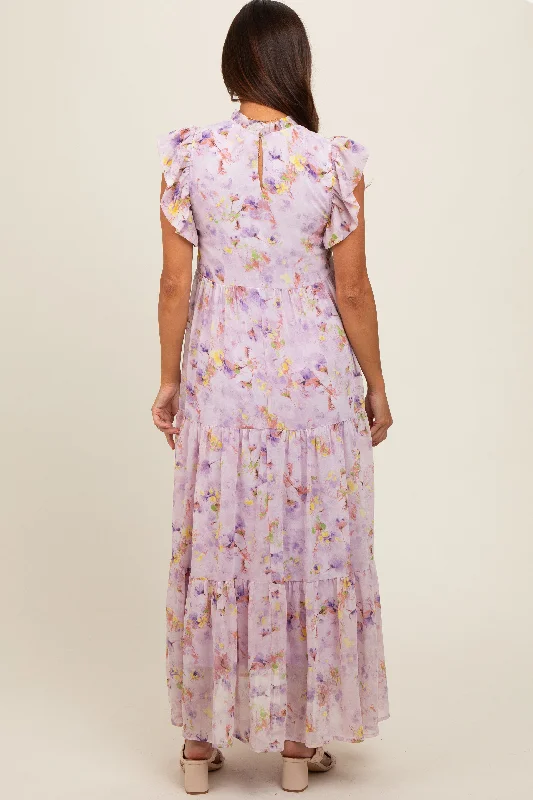 lavender-floral-chiffon-ruffle-shoulder-tiered-maternity-maxi-dress