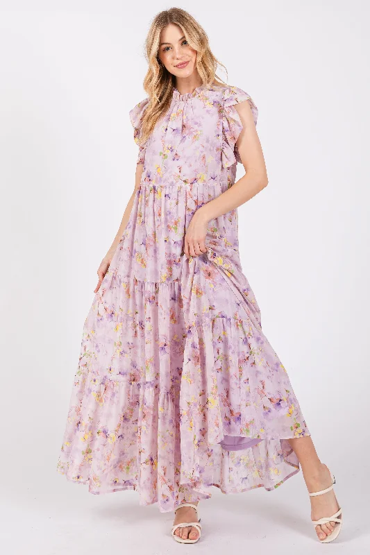 lavender-floral-chiffon-ruffle-shoulder-tiered-maternity-maxi-dress