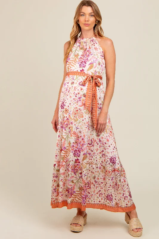 Lavender Floral Halter Front Tie Maternity Maxi Dress