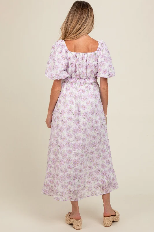 lavender-floral-puff-sleeve-maternity-midi-dress