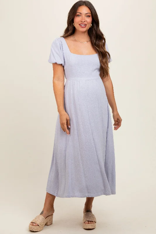 lavender-puff-sleeve-linen-maternity-midi-dress