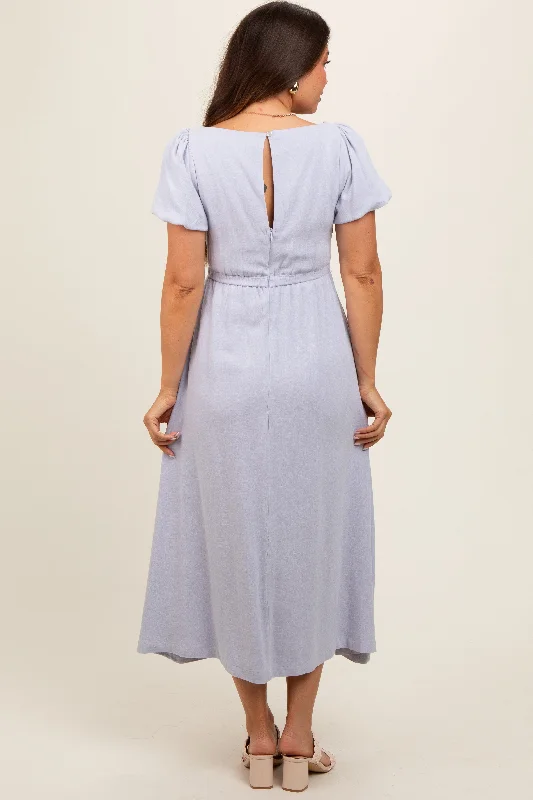 lavender-puff-sleeve-linen-maternity-midi-dress