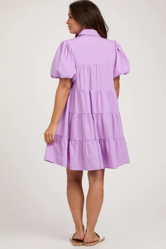 lavender-puff-sleeve-maternity-mini-shirt-dress