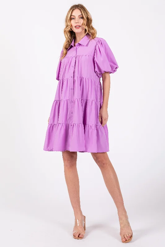 lavender-puff-sleeve-maternity-mini-shirt-dress