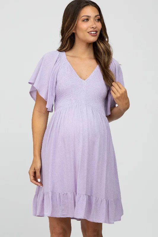 Lavender Smocked Front Ruffle Hem Maternity Dress