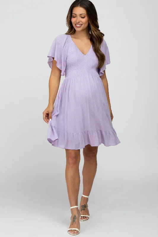 lavender-smocked-front-ruffle-hem-maternity-dress