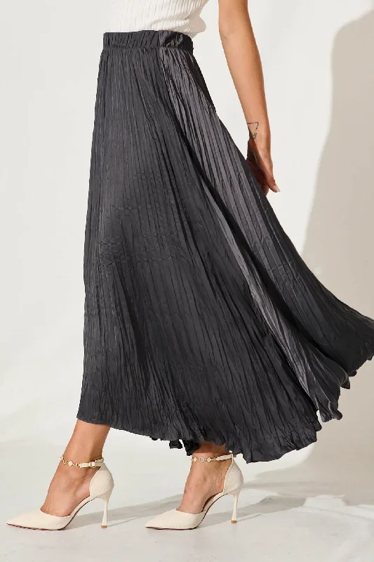 Laylah Maxi Skirt In Charcoal Crinkle Satin