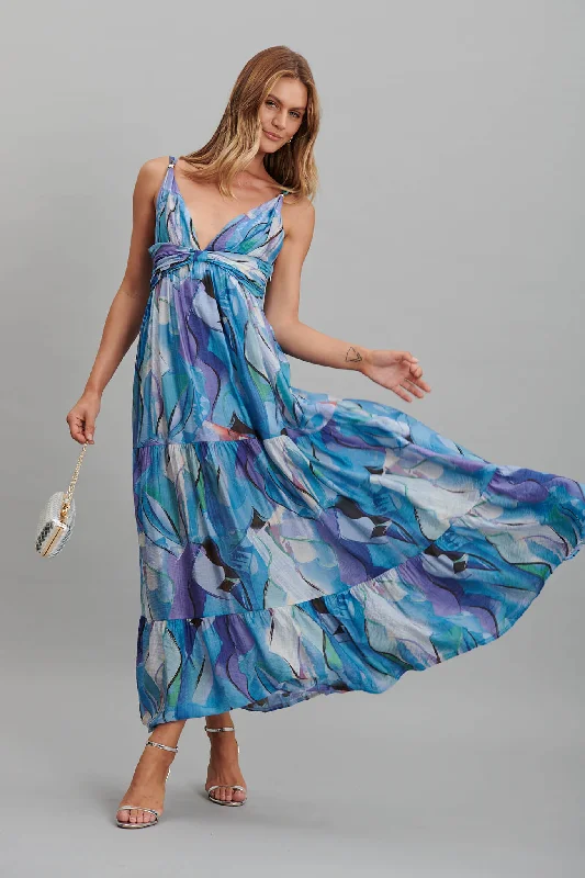 Lenni Maxi Dress In Blue And Purple Watercolour