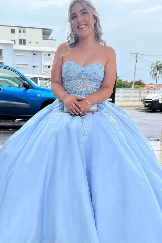 Light Blue Floral Lace Strapless A-Line Prom Dress