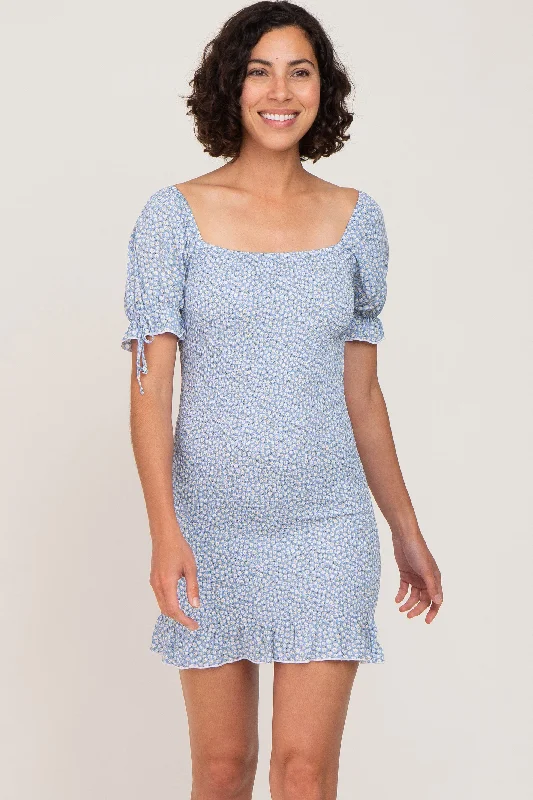 light-blue-floral-smocked-short-puff-sleeve-maternity-mini-dress