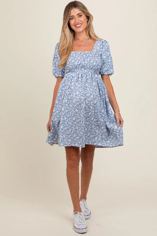 Light Blue Floral Smocked Tie Back Maternity Dress